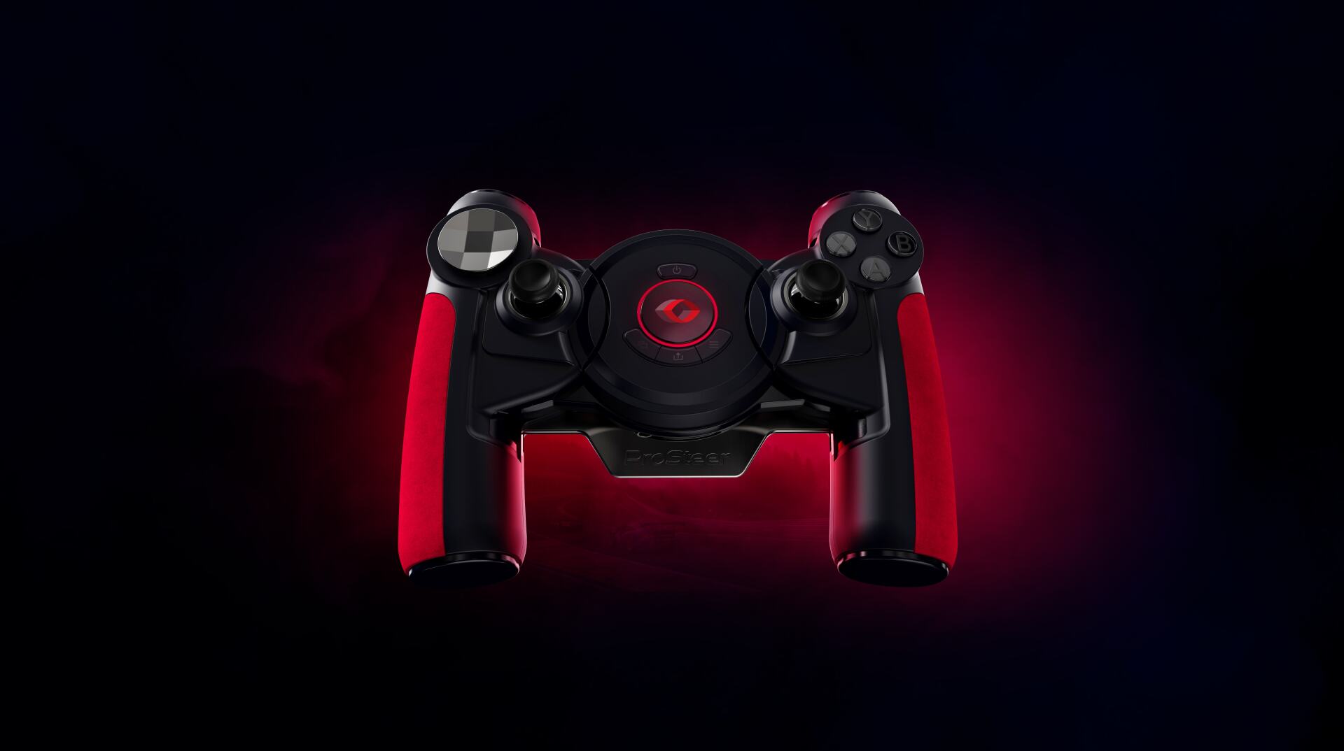 A close up of a red and black video game controller on a dark background.