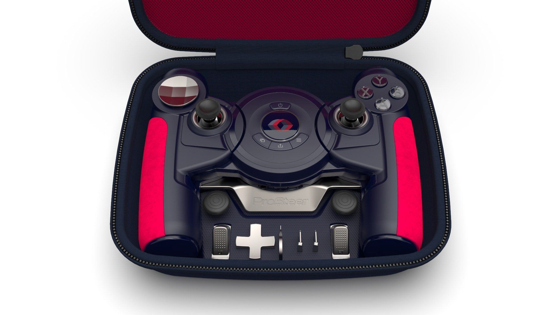 A video game controller is sitting inside of a case.