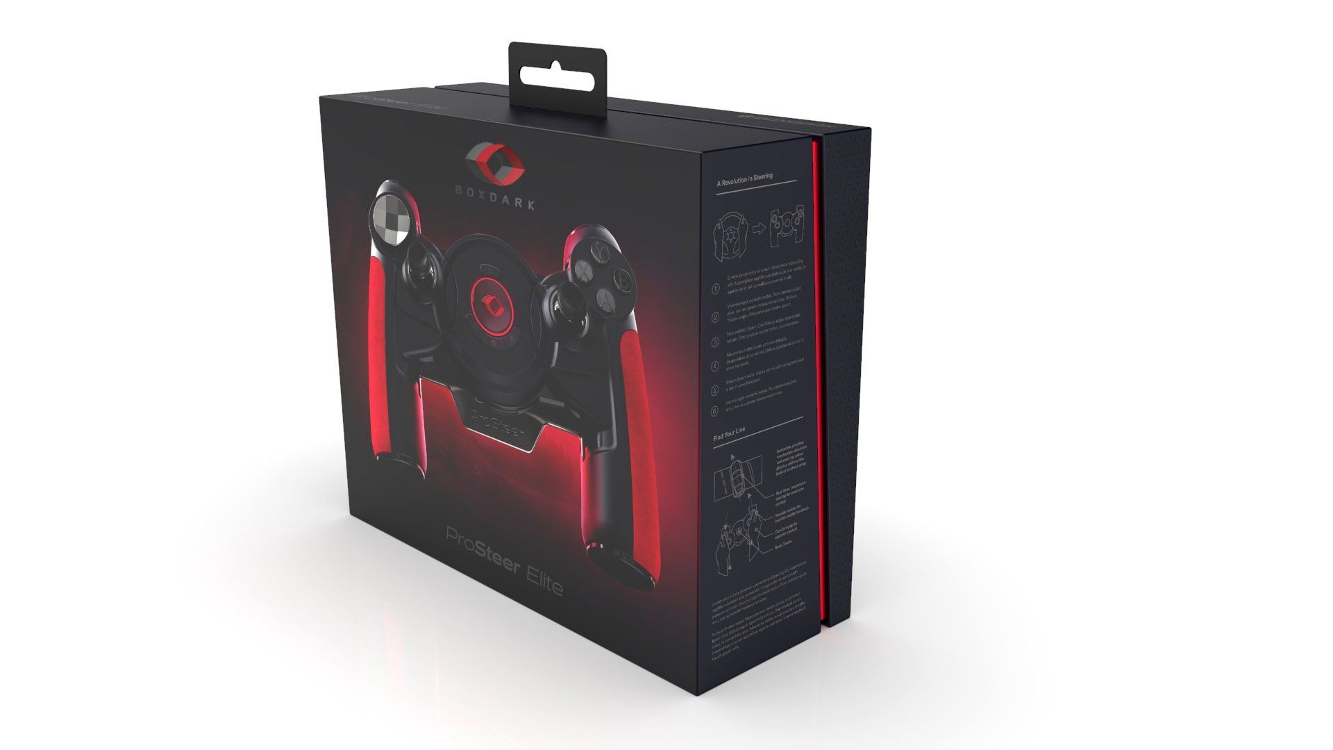 A black box with red handles is sitting on a white surface.