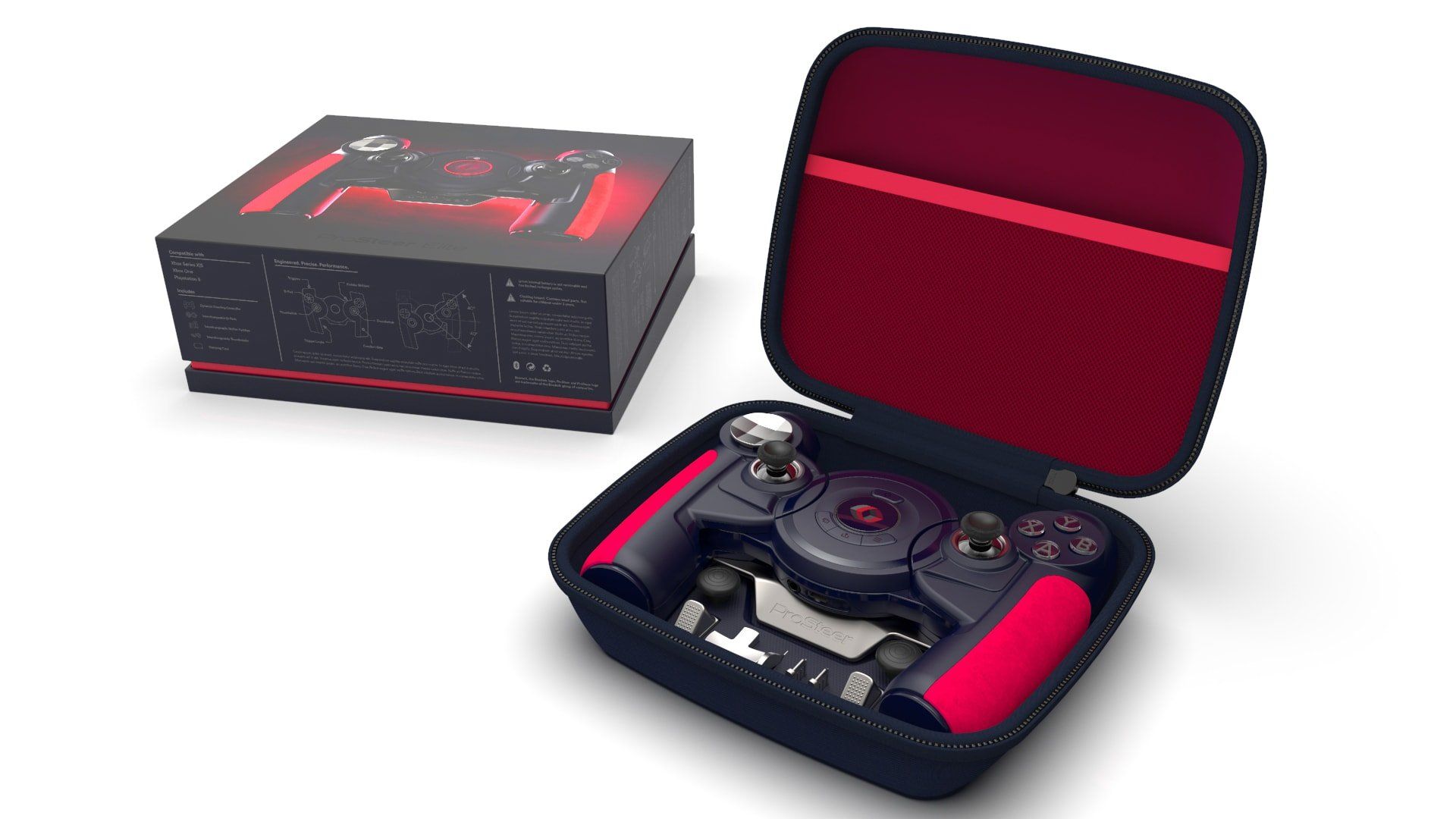 A video game controller in a case next to a box.