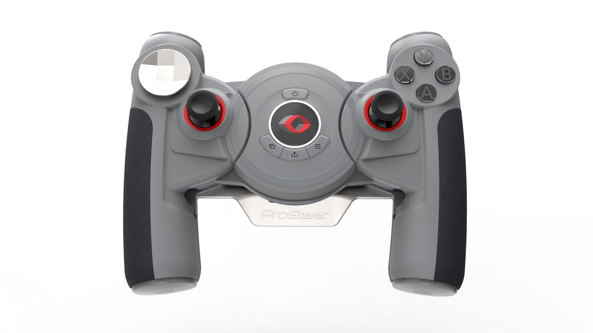 A close up of a video game controller on a white background.