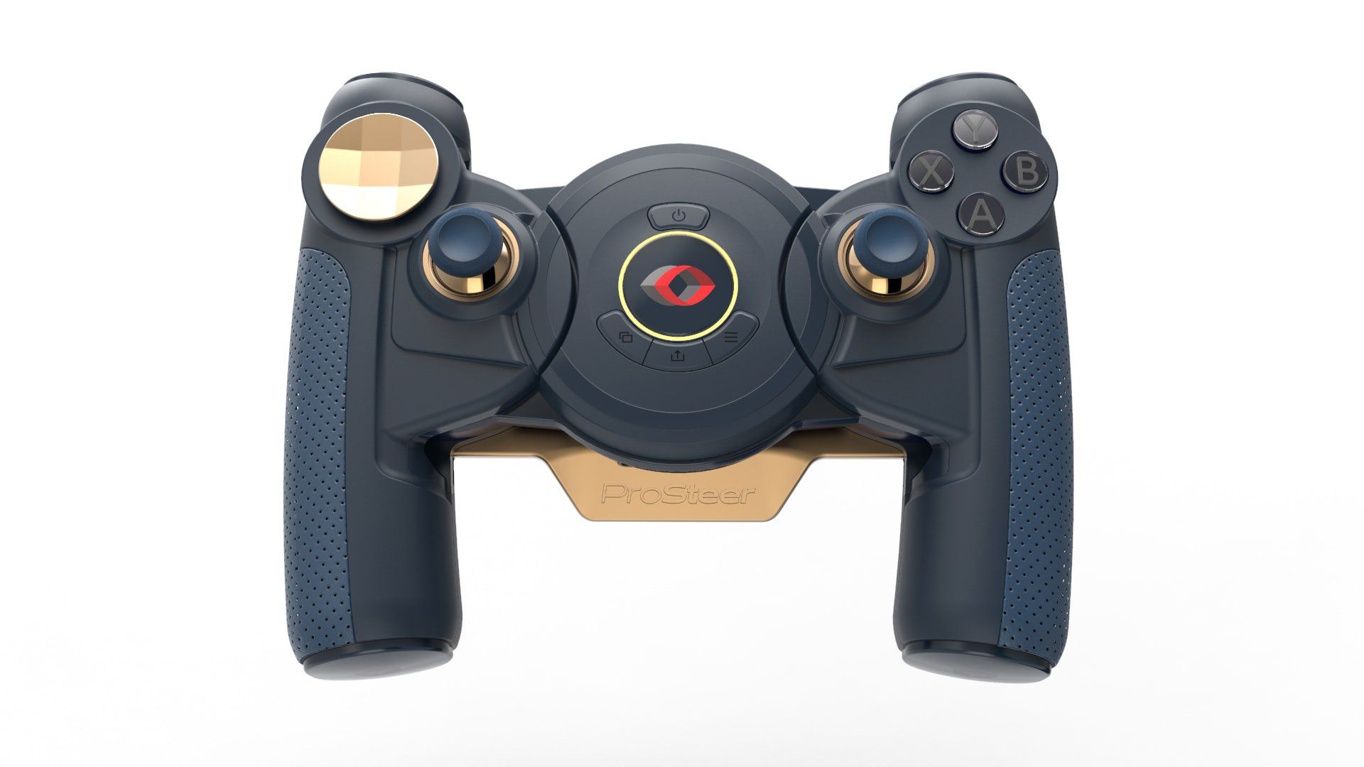 A black and gold video game controller on a white background.