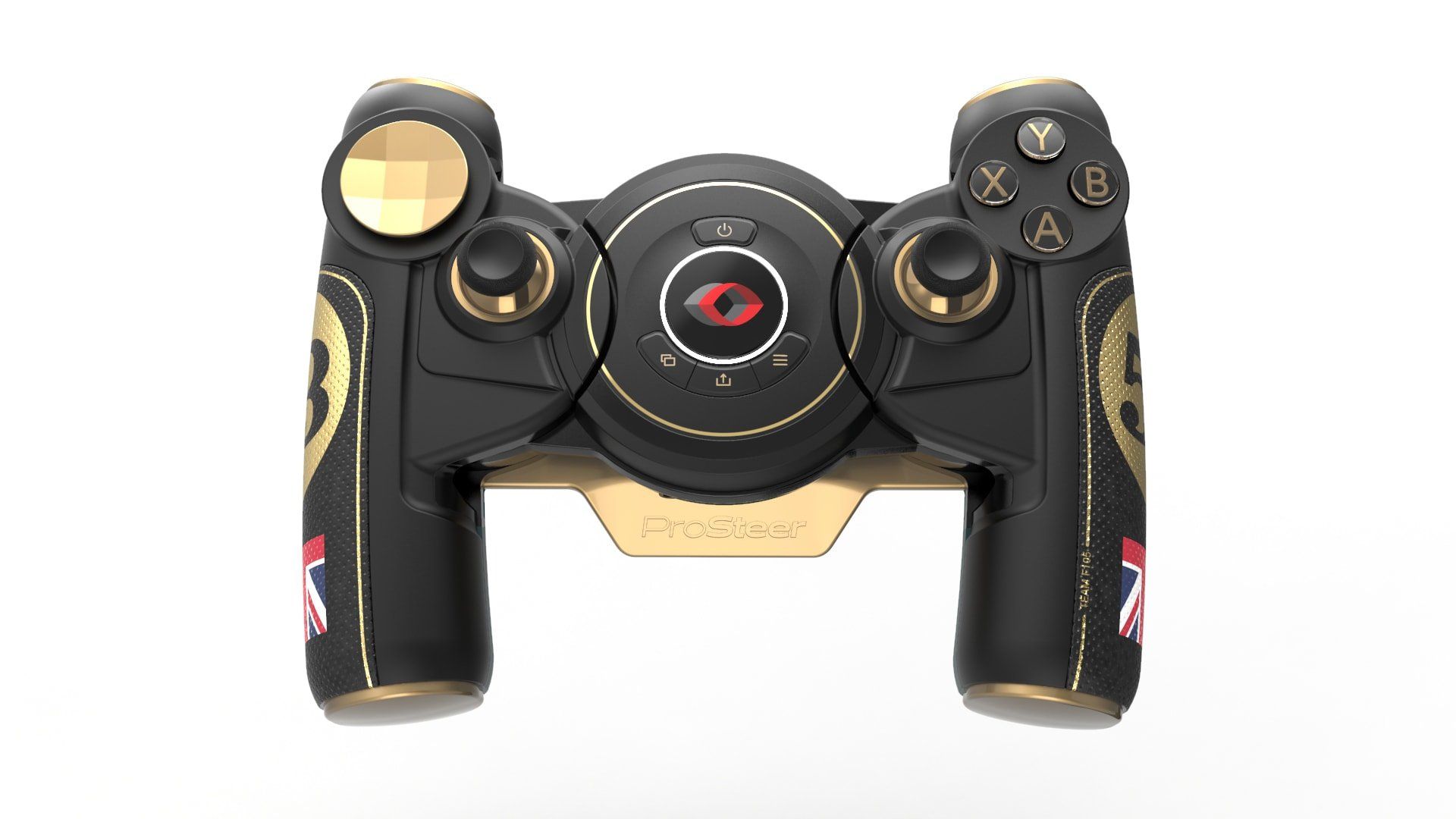 A black and gold video game controller on a white background.