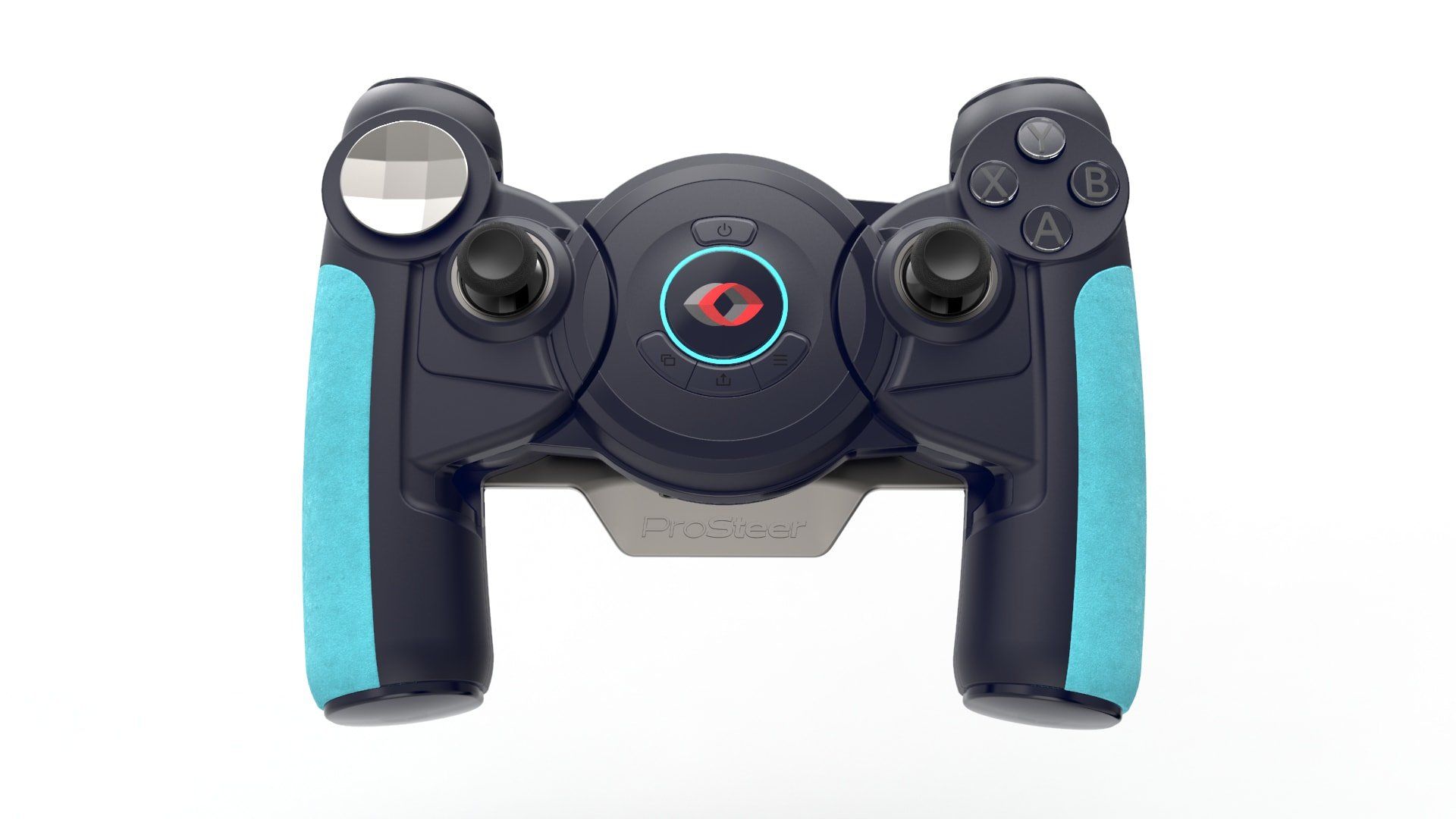 A black and blue video game controller on a white background.