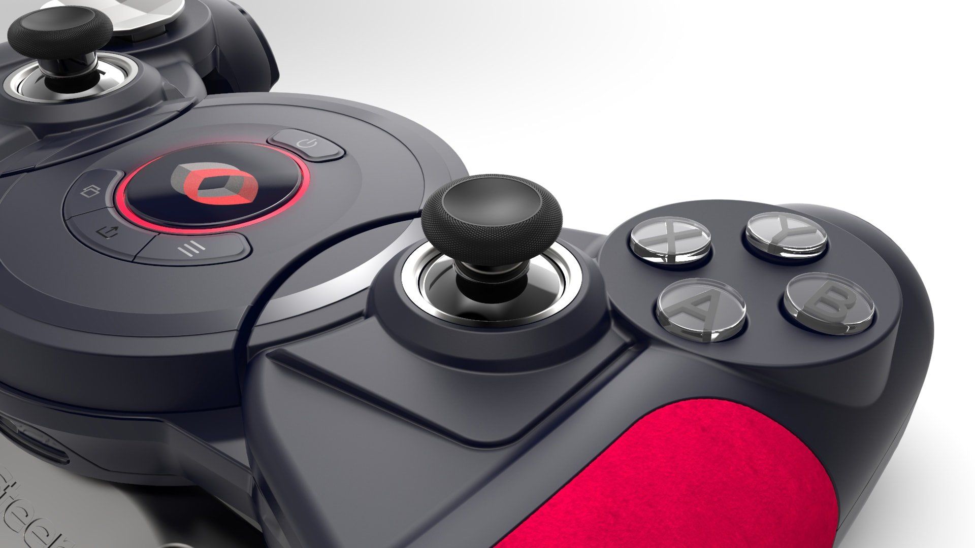 A close up of a video game controller on a white background