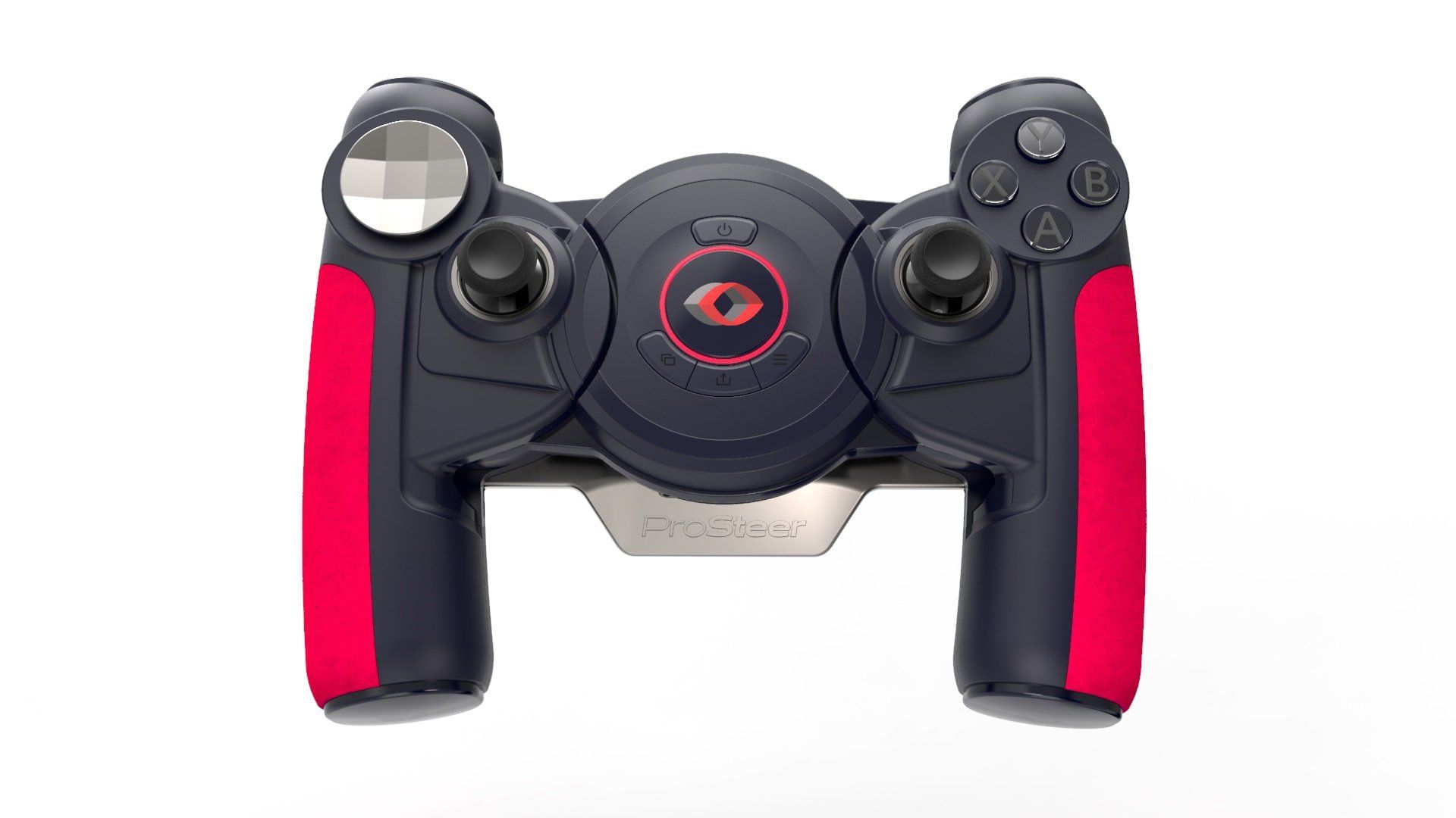 A black and red video game controller on a white background.