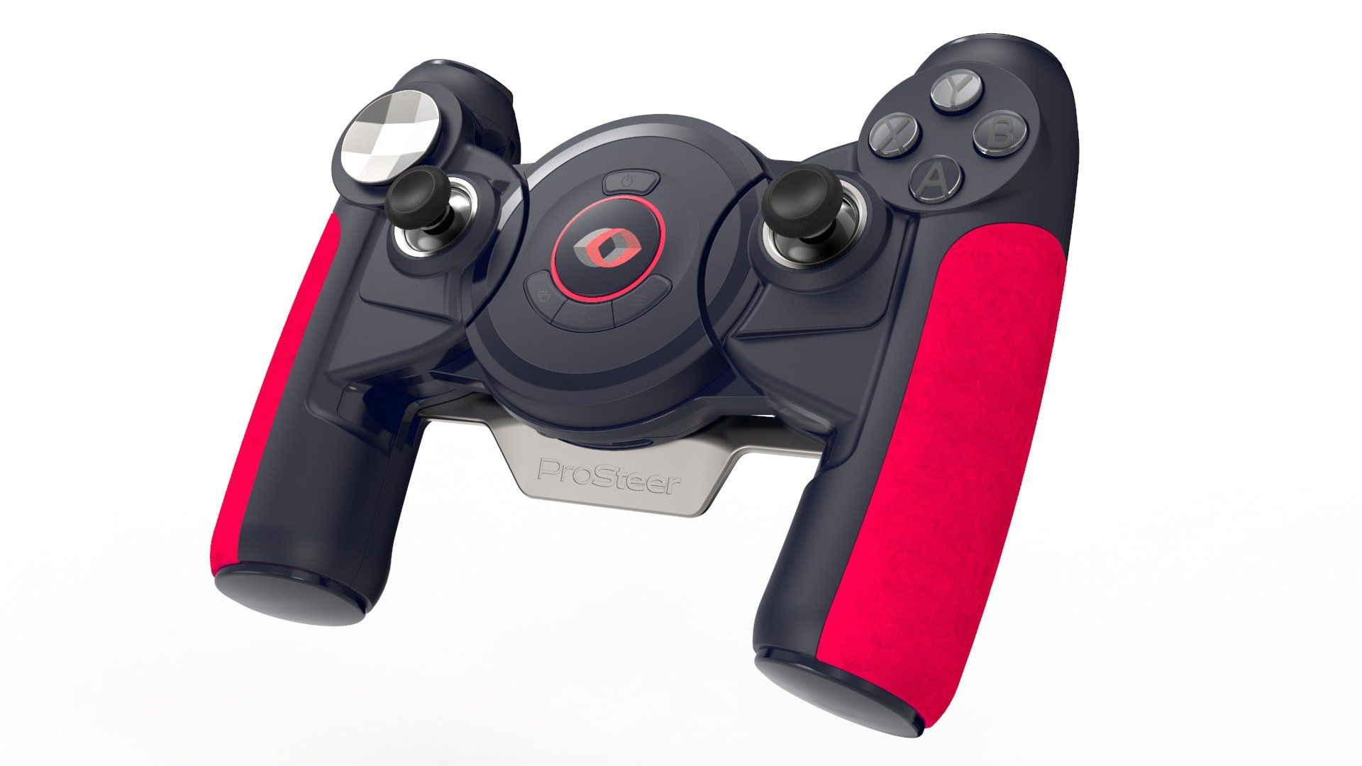 A black and red video game controller on a white background.