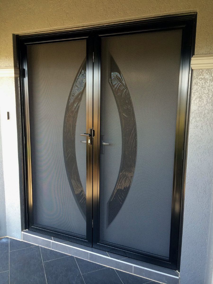 Modern black metal double door with oval glass inserts