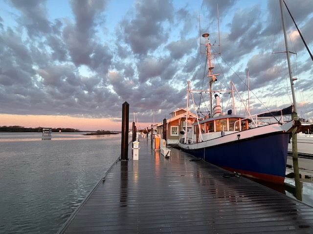 Shops on a street. Buildings are a mix of brick and painted wood, with trees and a sidewalk in front.