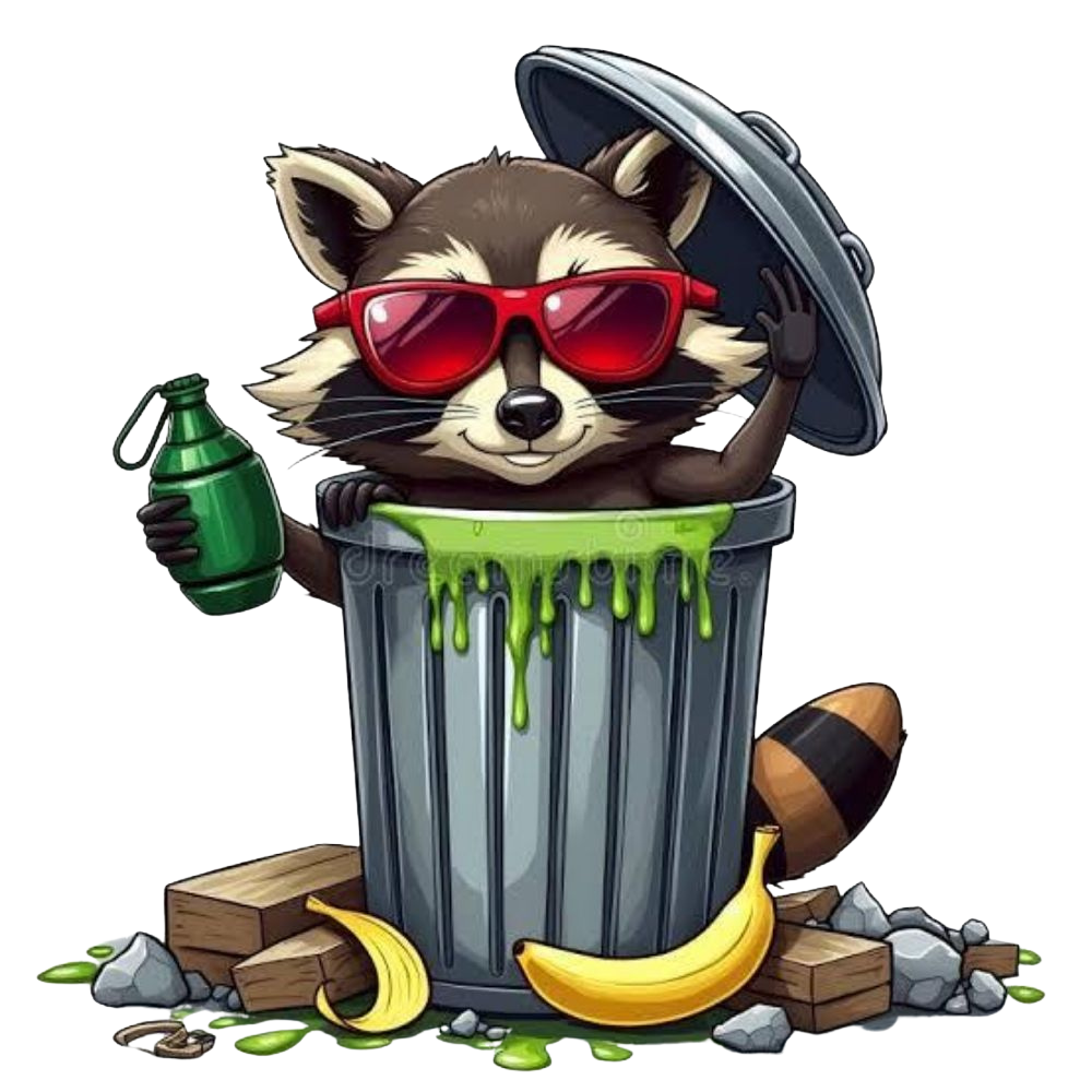 Raccoon in trash can wearing sunglasses, holding a green bottle. Leaning on lid, surrounded by trash and a banana.