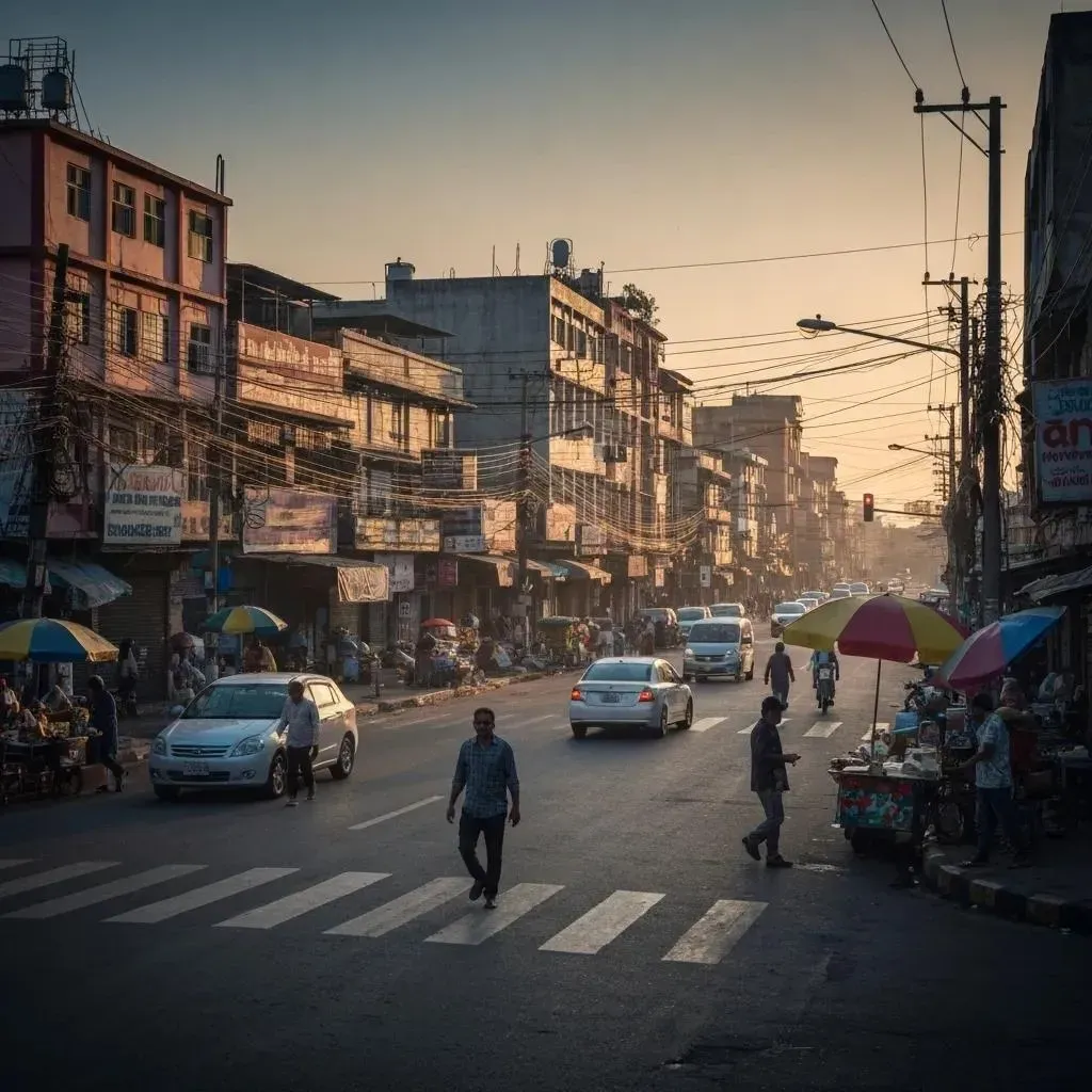 Street scene with cars, pedestrians, and vendors lining buildings; sunset lighting.