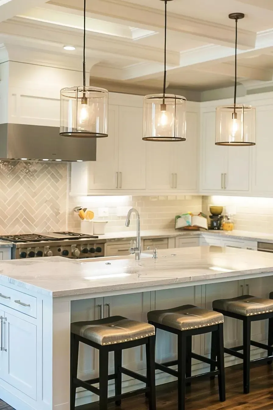 Modern kitchen with white cabinets, island, and three pendant lights over a countertop with barstools.