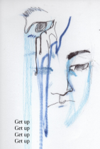 A drawing in shades of blue of a person crying. A singular crying eye is drawn above their left brow