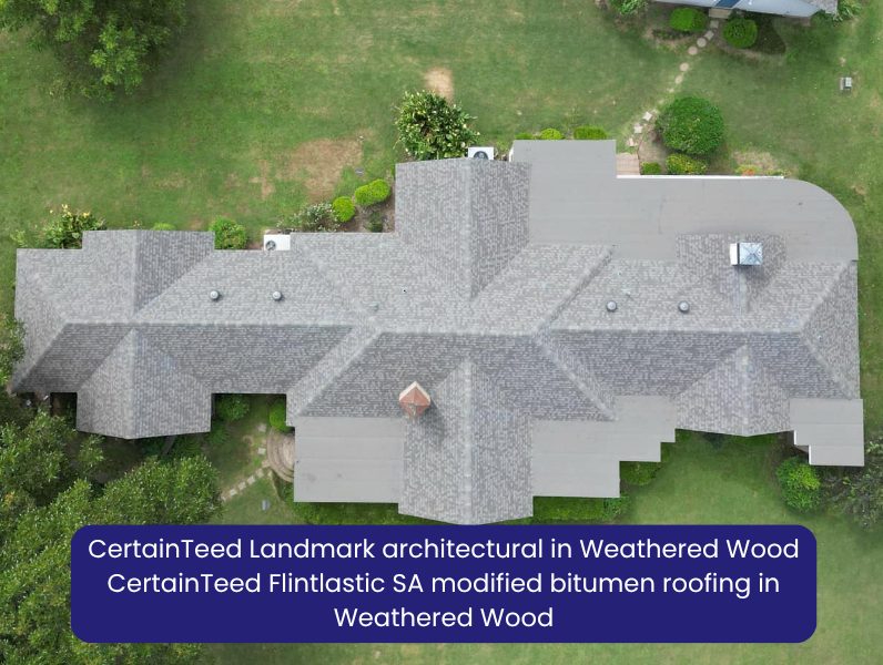 CertainTeed Landmark architectural in Weathered Wood. CertainTeed Flintlastic SA modified bitumen roofing in Weathered Wood