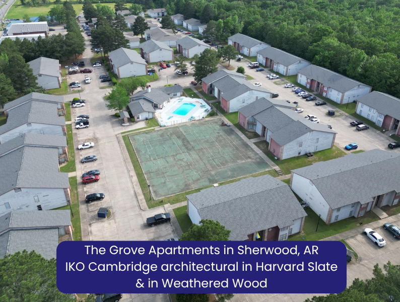 The Grove Apartments in Sherwood, AR. IKO Cambridge architectural in Harvard Slate & in Weathered Wood