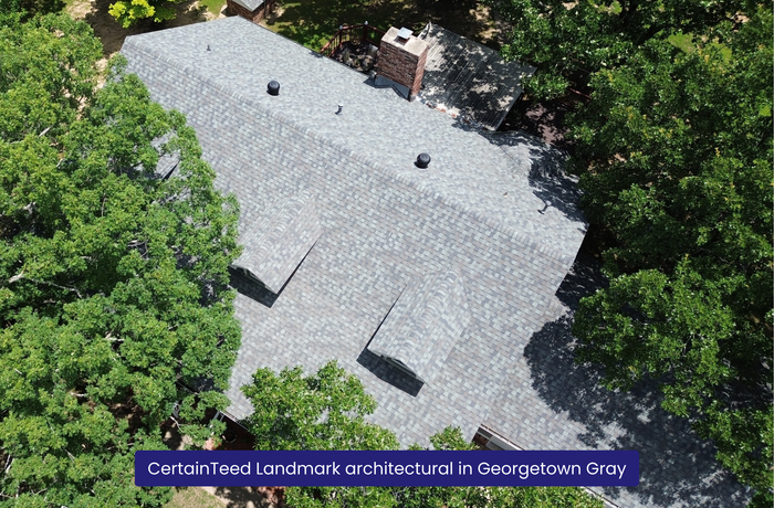 CertainTeed Landmark architectural in Weathered Wood. standing seam copper metal barrel dormers