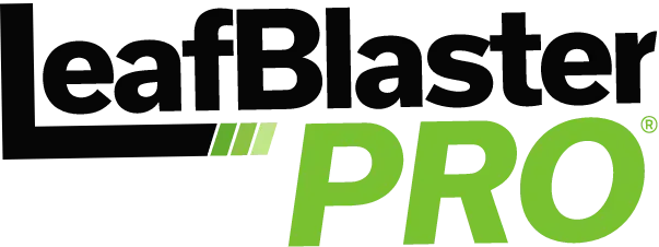 The logo for leaf blaster pro is black and green on a white background.