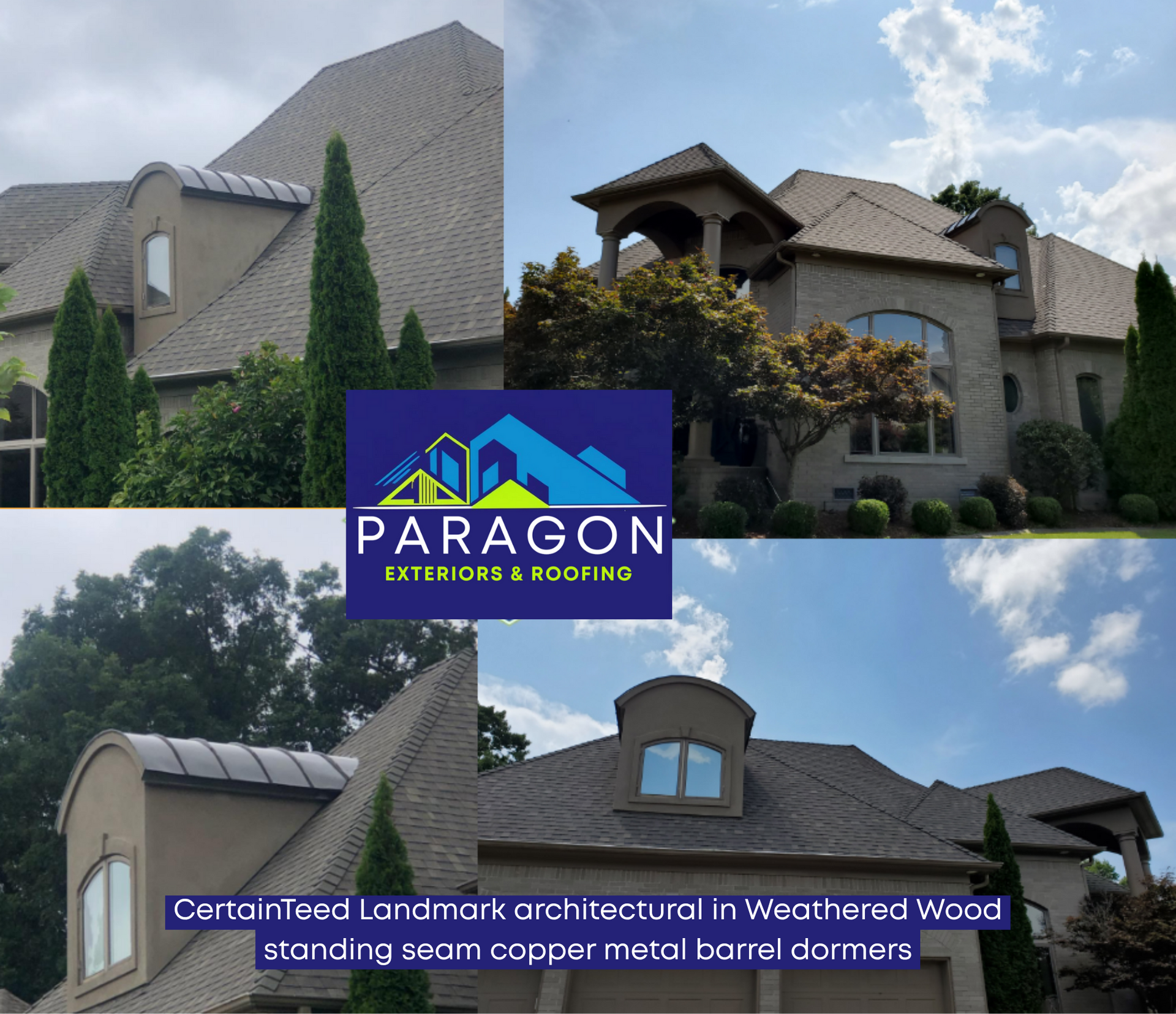 CertainTeed Landmark architectural in Weathered Wood. standing seam copper metal barrel dormers