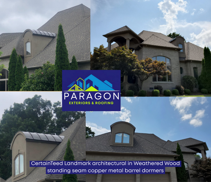 CertainTeed Landmark architectural in Weathered Wood. standing seam copper metal barrel dormers