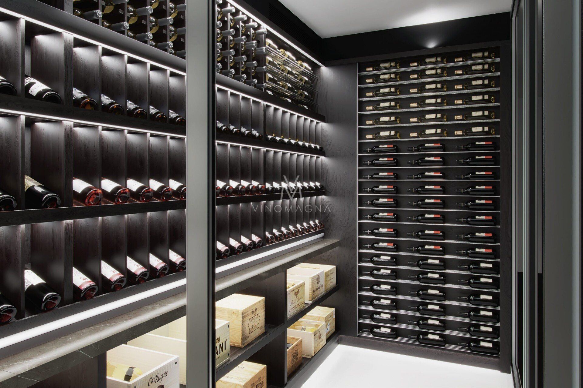 Vinomagna bespoke home wine cellar with wood and marble