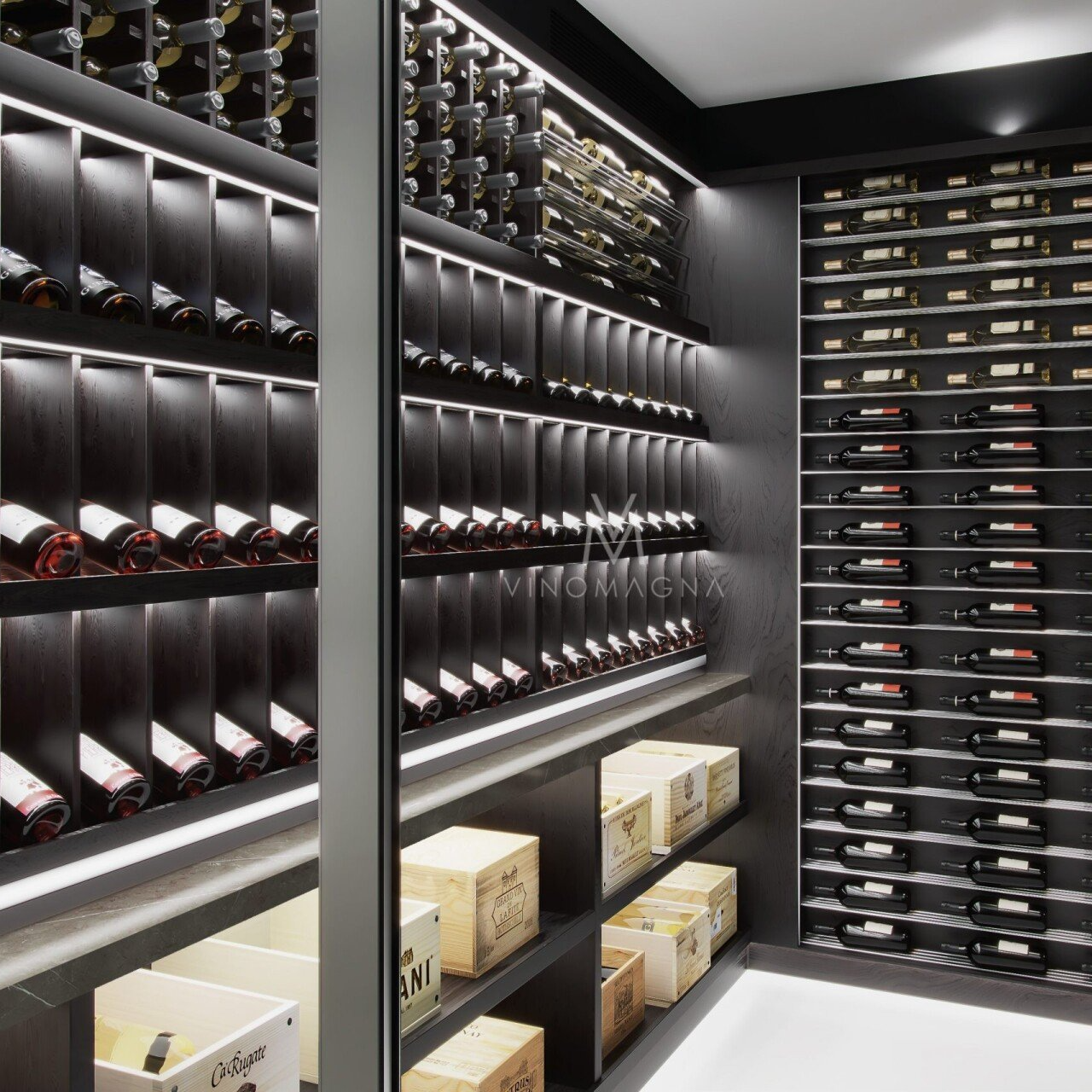 Bespoke Home Wine Cellar With Wood And Marble Vinomagna