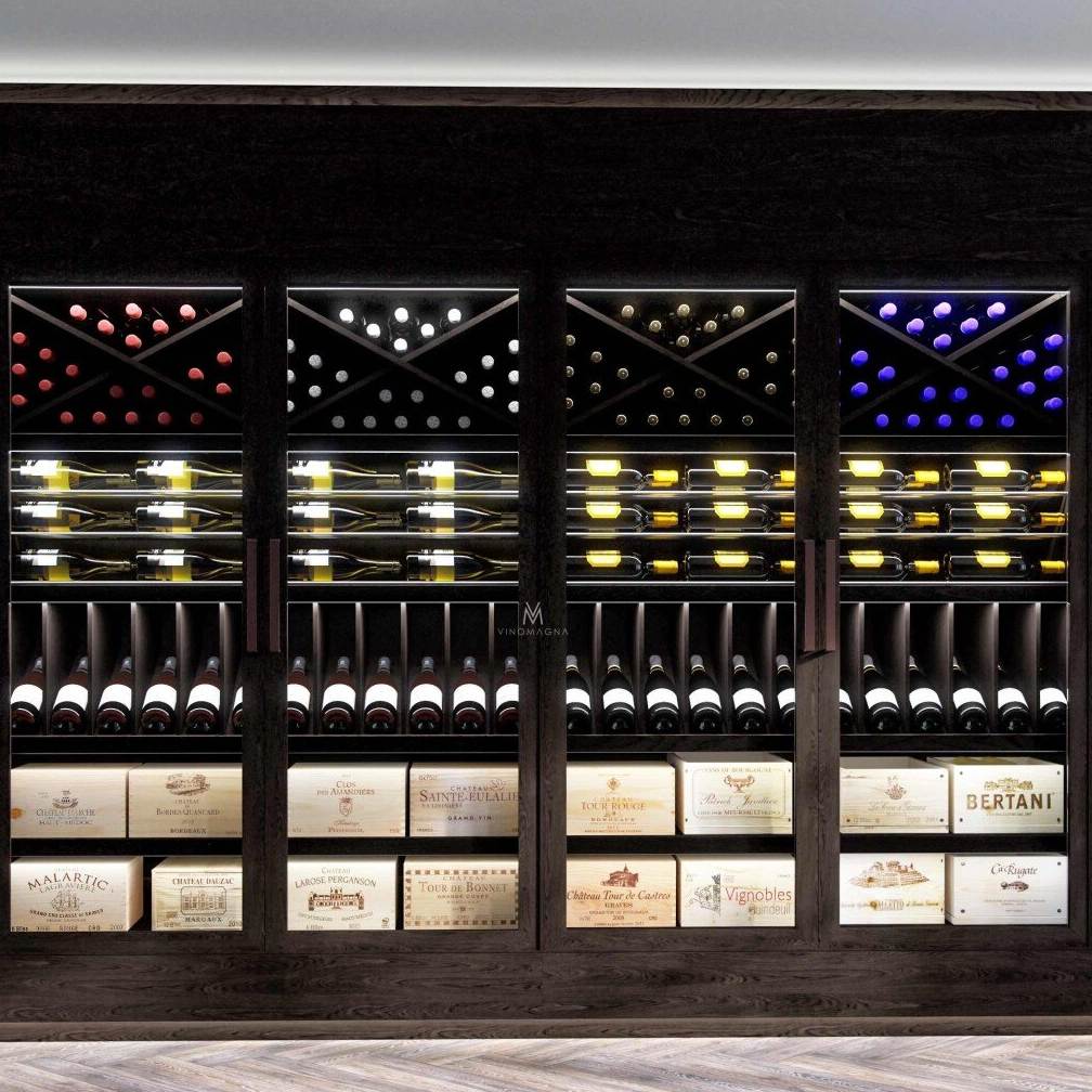Home Wine Cellar In London With Wooden Racking And Metal Linear Shelving Vinomagna
