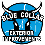 Logo for Blue Collar Exterior Improvements. Blue bull head with text "Blue Collar" and "Exterior Improvements".
