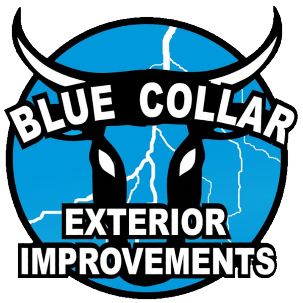 Blue Collar Exterior Improvements logo: bull silhouette with white horns and text on a blue background.