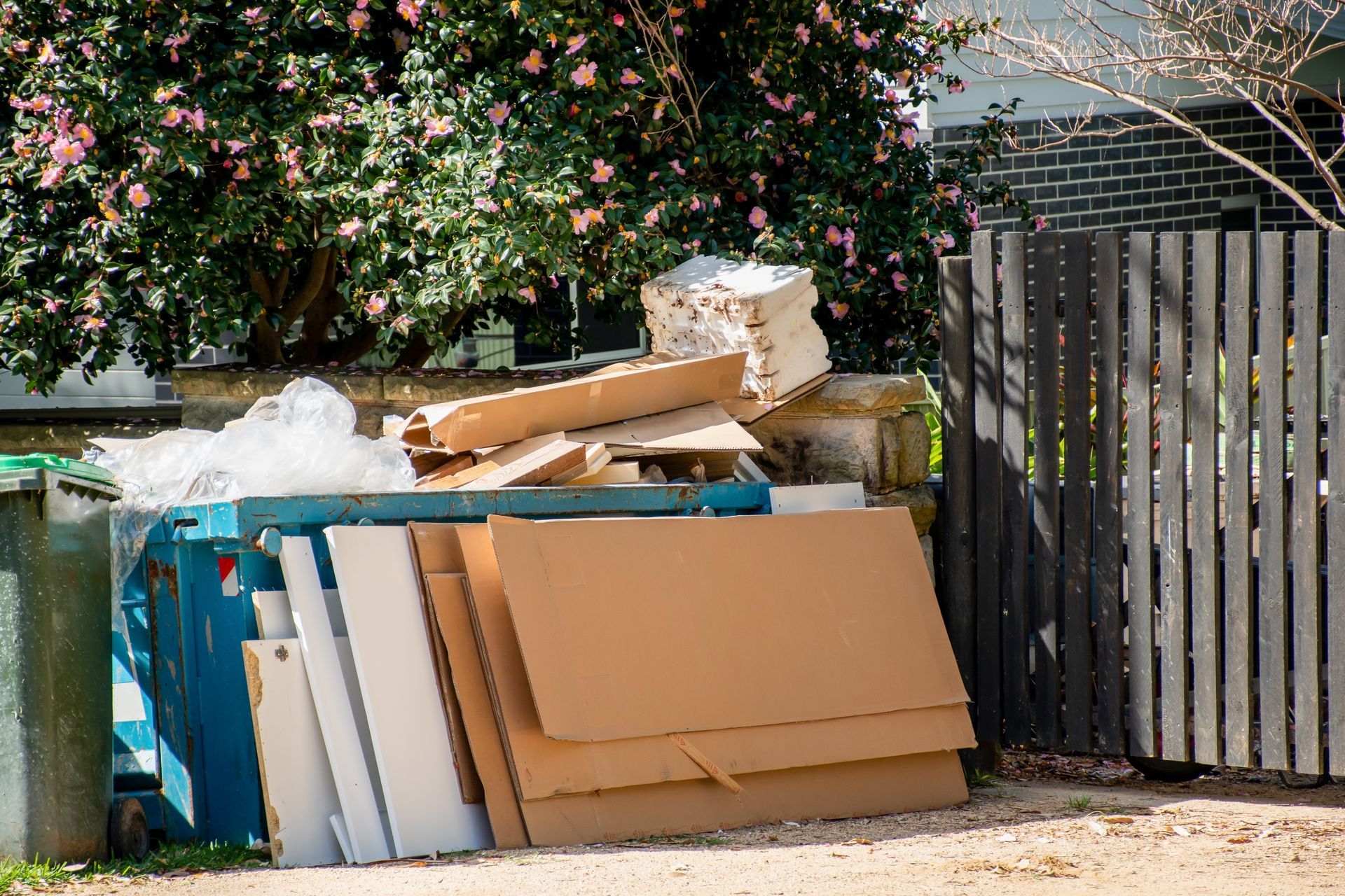 A blue dumpster filled with cardboard and plastic waste sits outdoors next to a wooden fence and a flowering shrub.