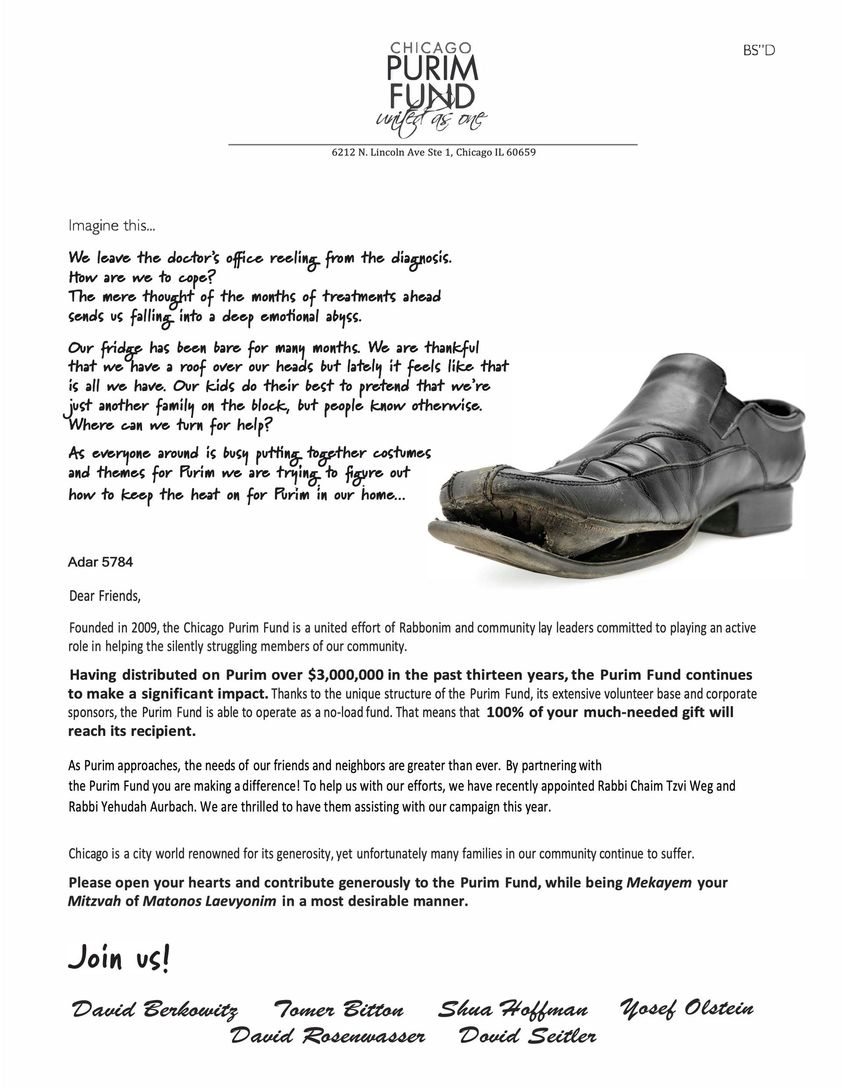 Letter about the Chicago purim fund, endorsed by David Berkowitz 
Tomer Bitton 
Shua Hoffman 
Yosef Olstein
David Rosenwasser 
Dovid Seitler