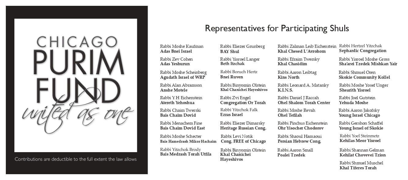 Chicago purim fund, Chicago chesed organization, shul representatives list