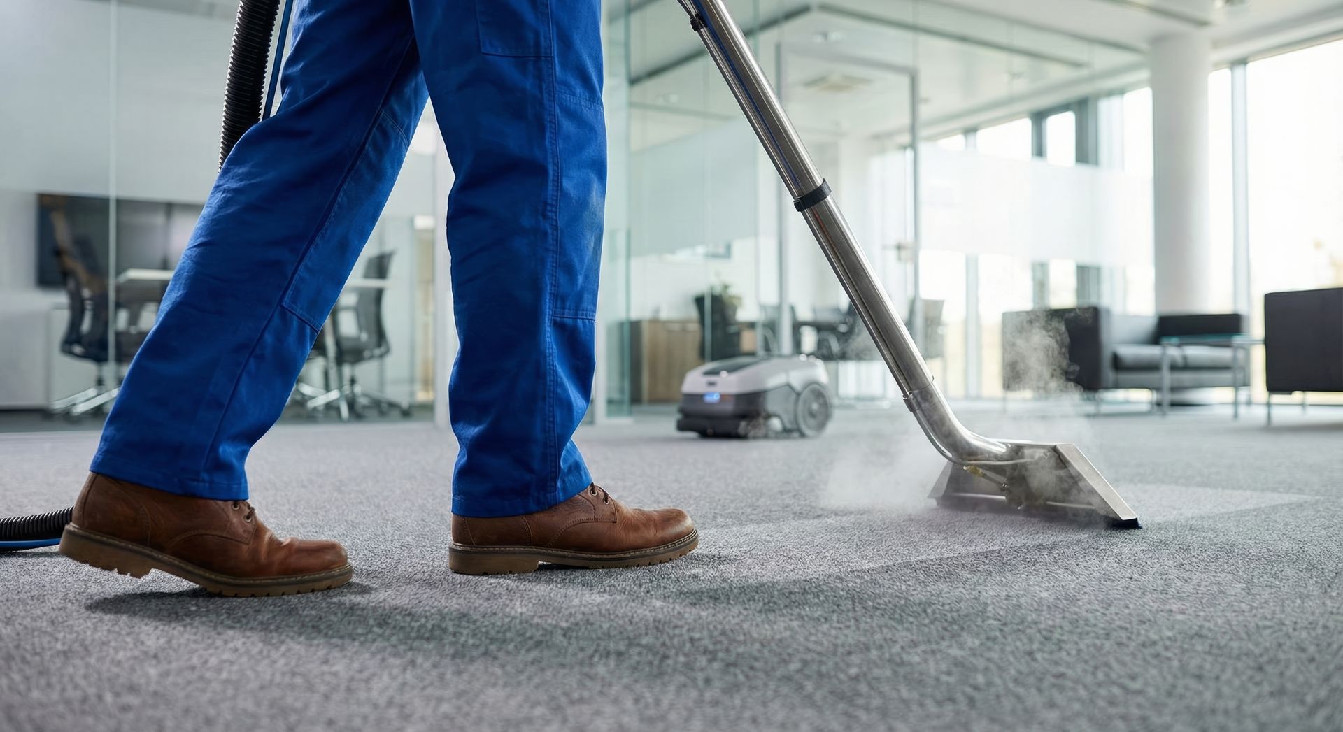 Person vacuuming a gray carpet in a bright office hallway, wearing blue pants and brown shoes