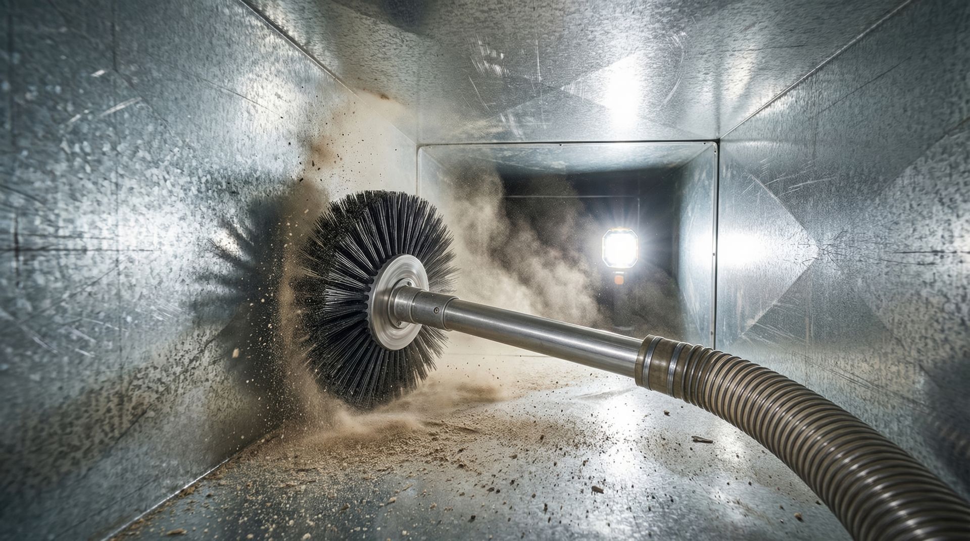 Close-up of a duct cleaning brush inside a shiny metal ventilation shaft.
