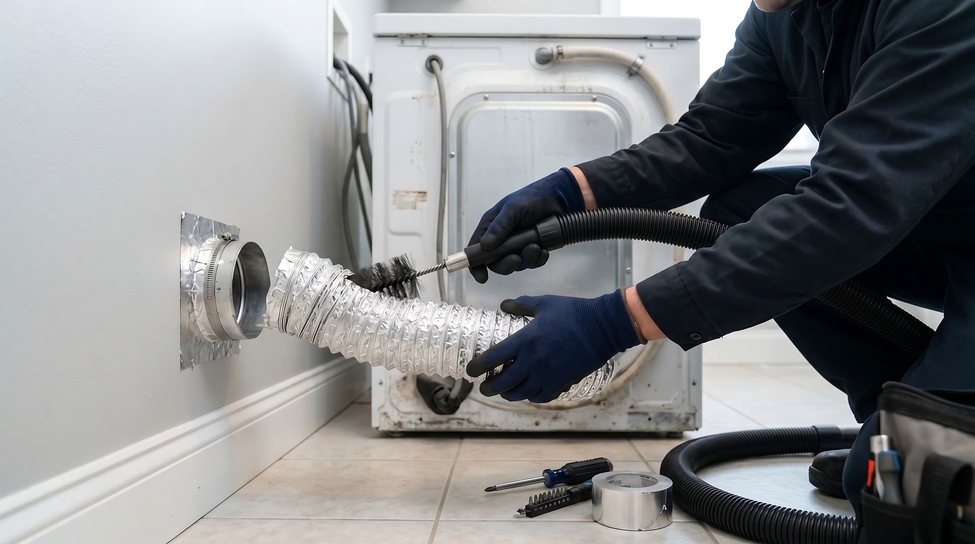 Technician installing a flexible vent hose behind a dryer in a laundry room