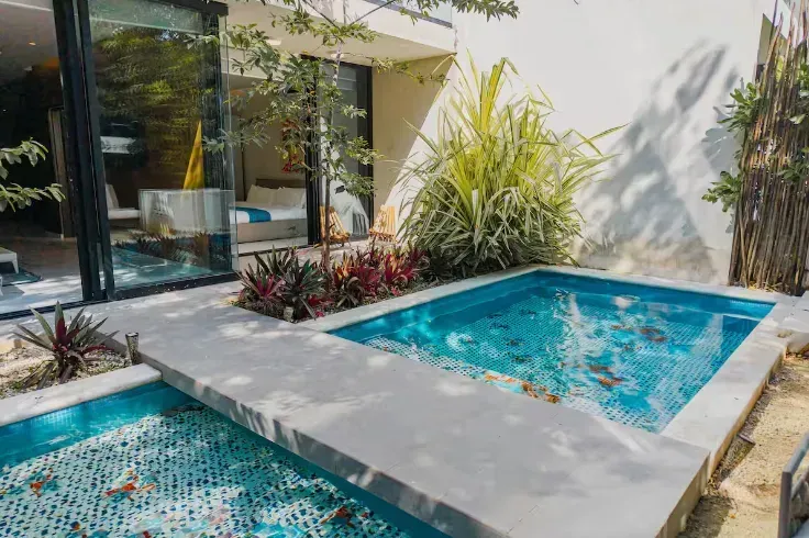 There is a small swimming pool in the backyard of a house.