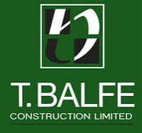 Logo for T. Balfe Construction Limited: white text on green background. Includes a square logo with black and white shapes.