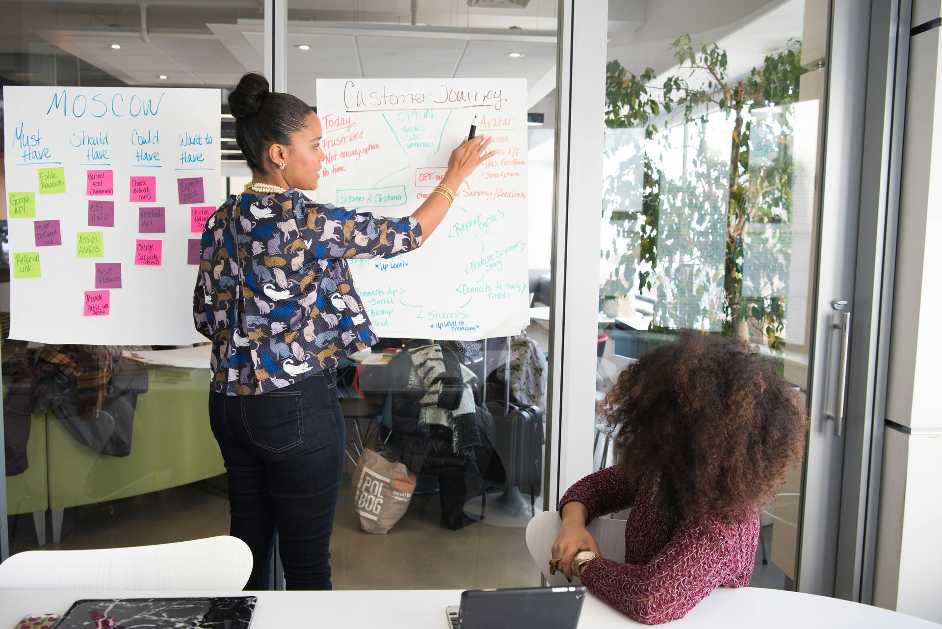 A woman is writing on a whiteboard while another woman sits at a table.