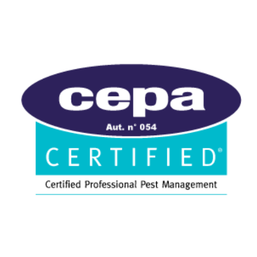 Logo certificato CEPA nei colori blu e verde acqua, simbolo di gestione professionale dei parassiti.
