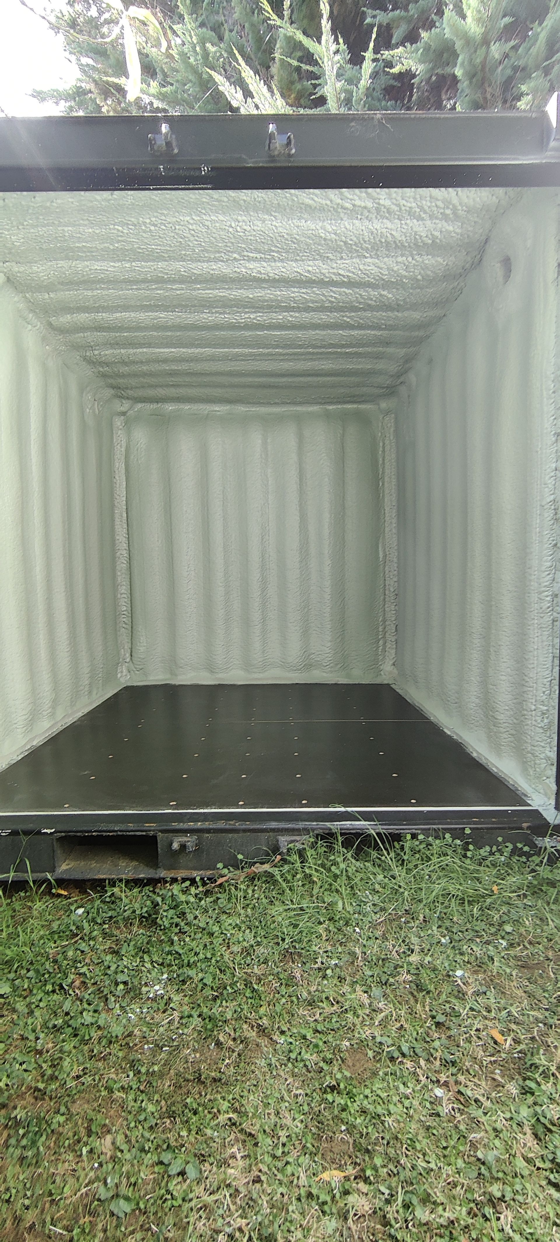 An empty shipping container is sitting on top of a lush green field.