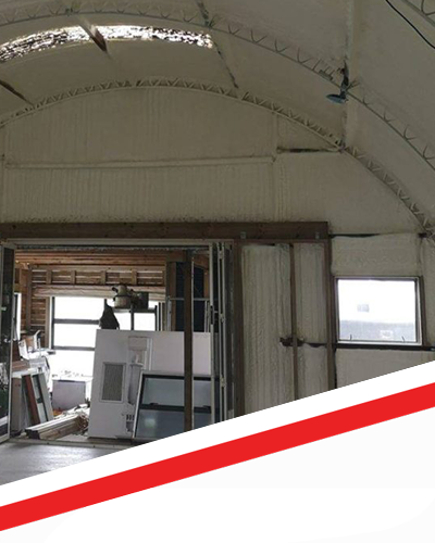 The inside of a building with a red and white stripe on the bottom.