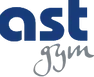 A blue logo for ast gym on a white background.