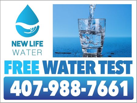 Logo for New Life Water, plus pouring water into a glass. Text: 