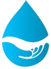 Blue water drop with hand reaching up to catch flowing water.