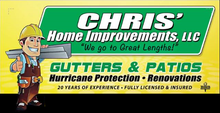 Chris' Home Improvements logo with a cartoon construction worker holding metal and a tagline.