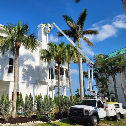 A utility truck with an extended boom lift reaches up to work on the chimney of a two-story white house among palm trees.