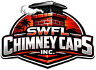 Logo for SWFL Chimney Caps Inc. featuring a brick chimney, palm trees, and smoke against a red sunset background.