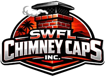 Logo for SWFL Chimney Caps Inc. featuring a brick chimney, palm trees, and smoke against a red sunset background.