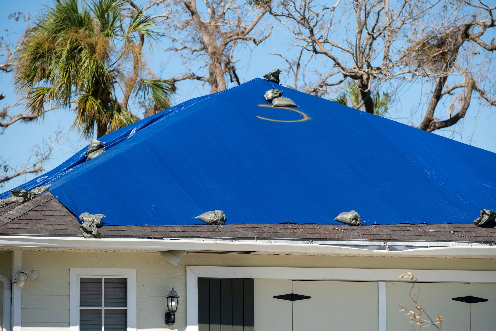 Blue tarp covering a damaged roof