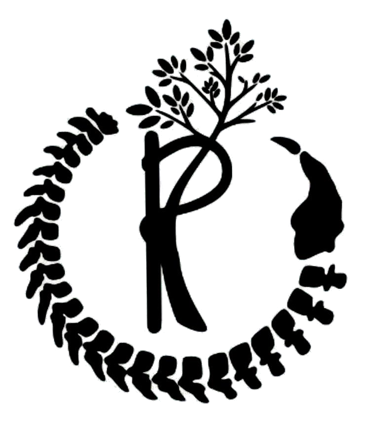 Un logotipo en blanco y negro con un árbol y un pájaro en un círculo.