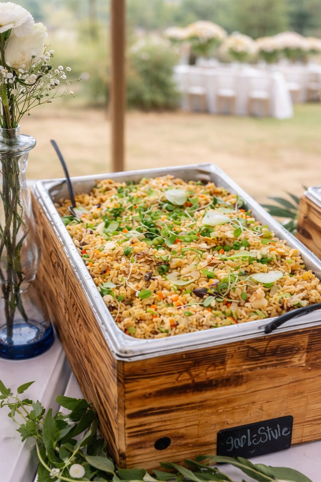 Tray of baked casserole on a rustic table at an outdoor event, with a serving spoon and floral decor nearby